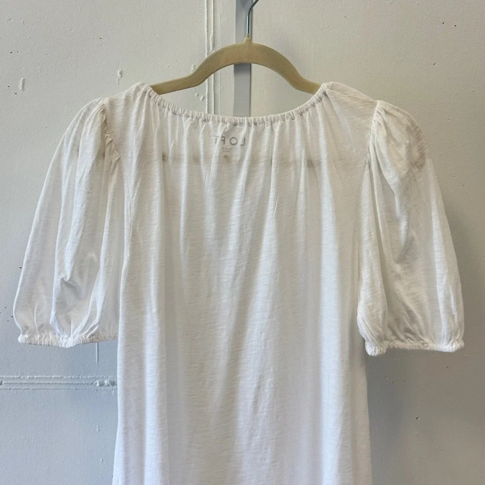 LOFT Cotton Slub Puff Sleeve Split Neck Blouse Top Medium 36801213 White Relaxed